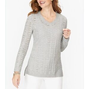 Talbots Open Knit Slub Knit V Neck Sweater Gray Textured High Lo Women’s 1Xp